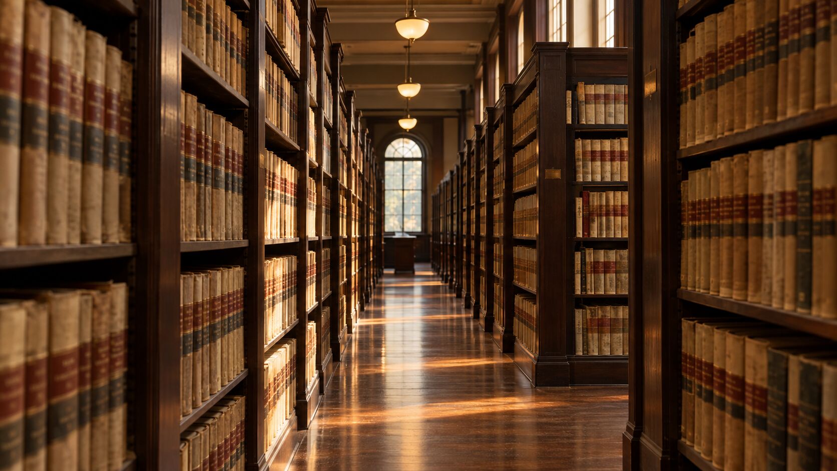 Aisles of bound deed records in a county records hall